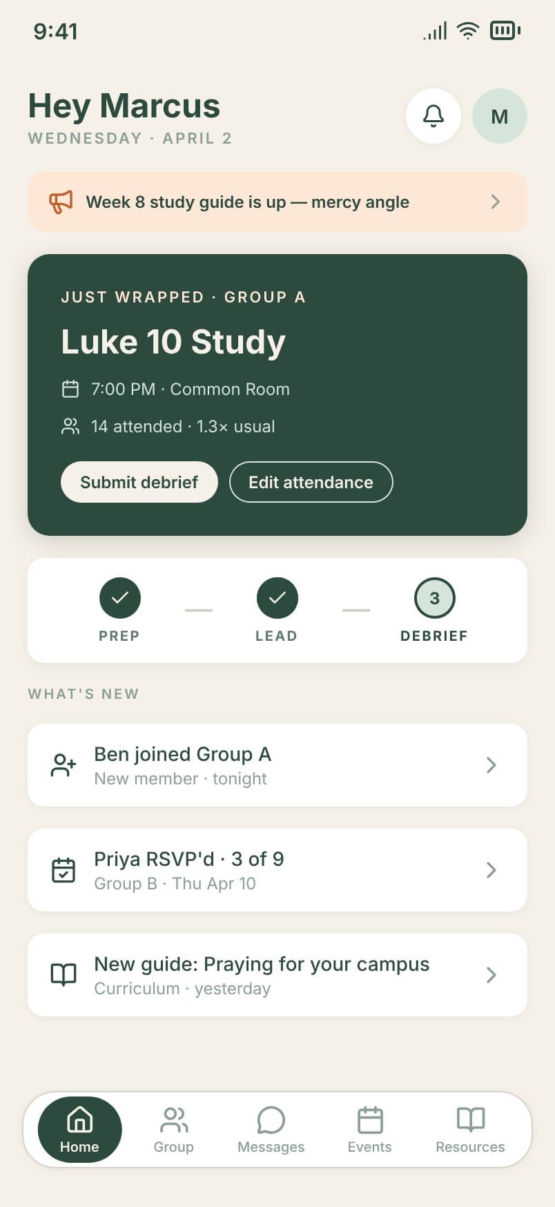 The Home tab after a group event, with the Submit debrief button highlighted
