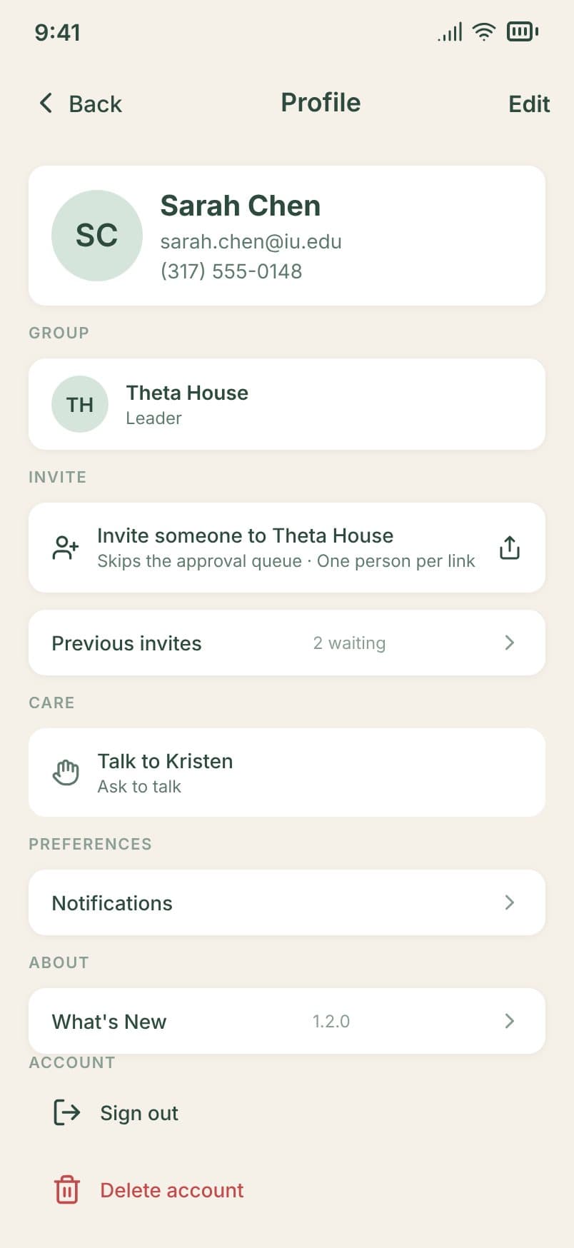 The Profile screen, with the Invite someone to Theta House row highlighted