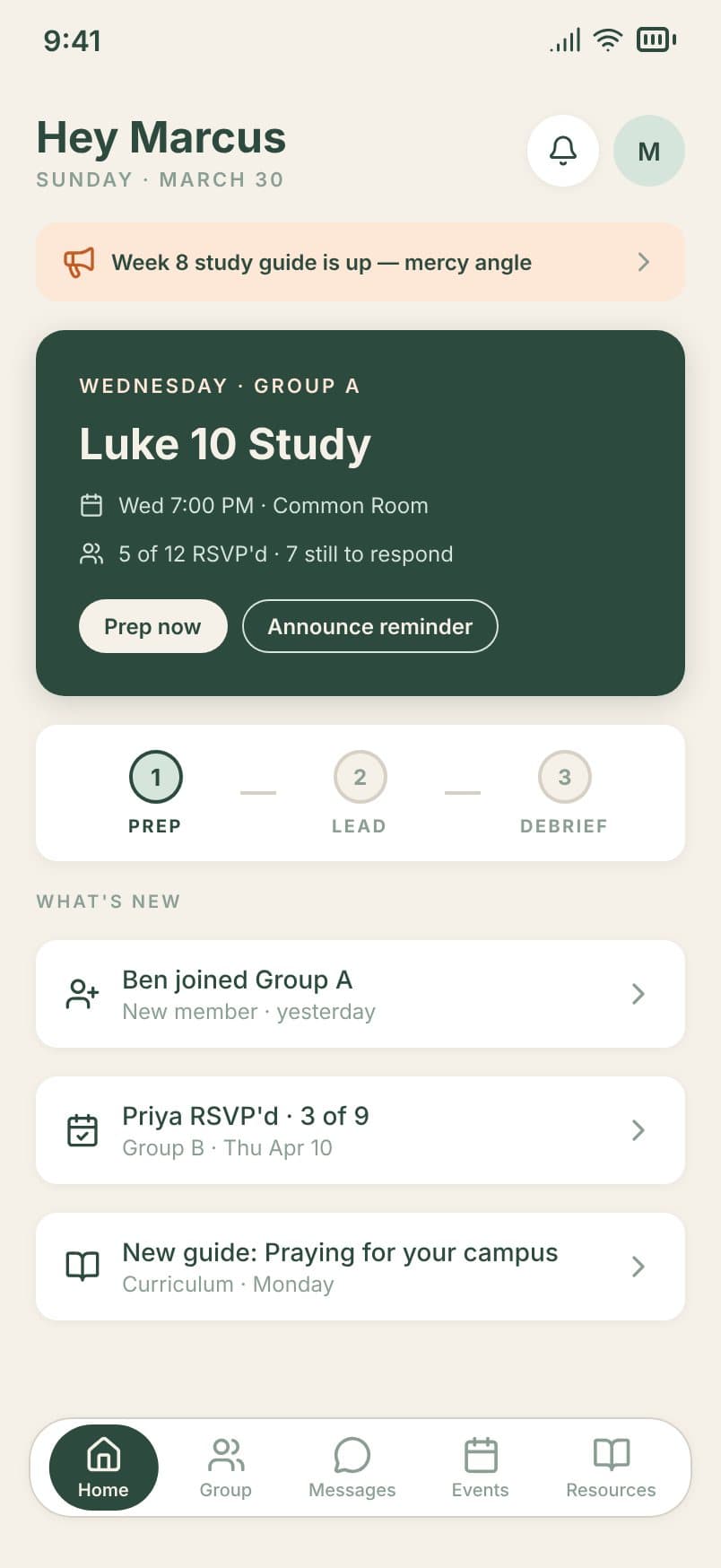The Home tab before a group event, with the Prep now button highlighted