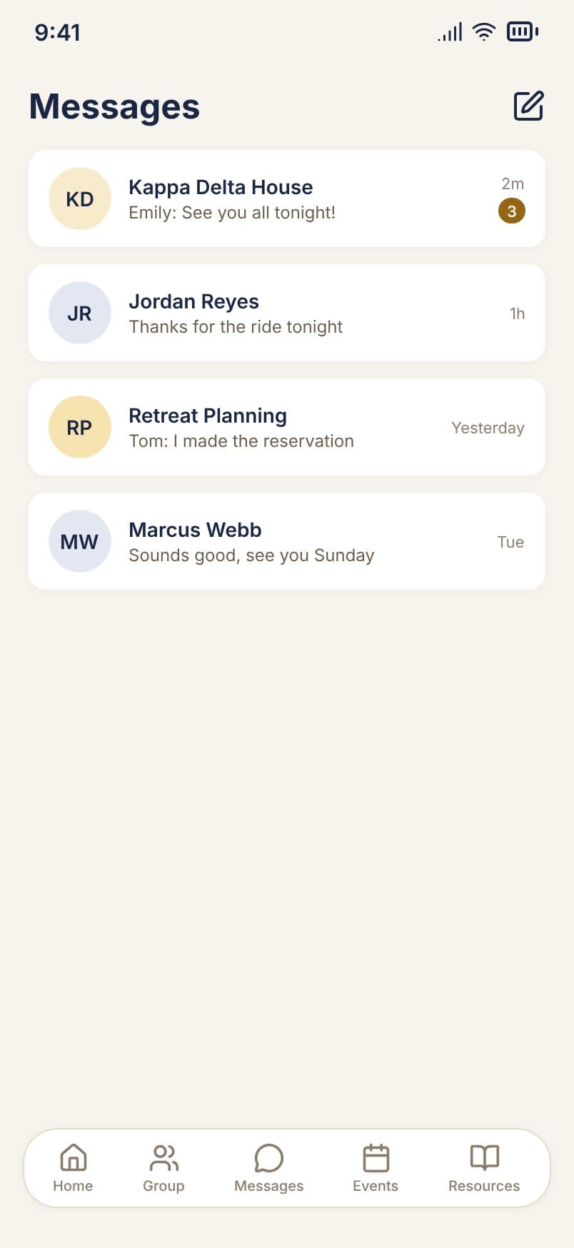 The Messages screen, with the small group chat highlighted
