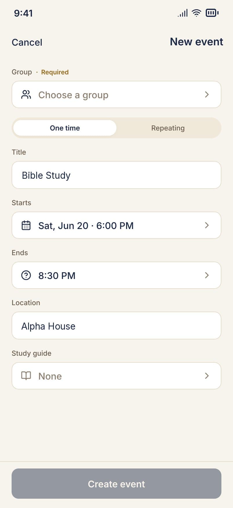 The New event screen, with the Repeating option highlighted