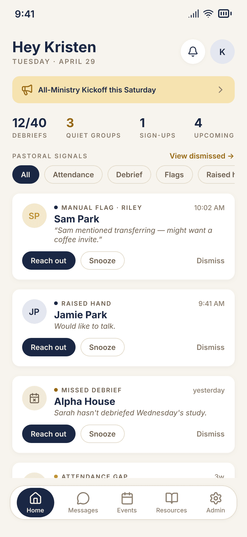 Trellis pastoral inbox showing students who need follow-up