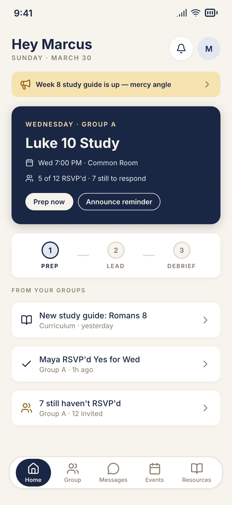 Trellis student leader home screen with a study and group activity
